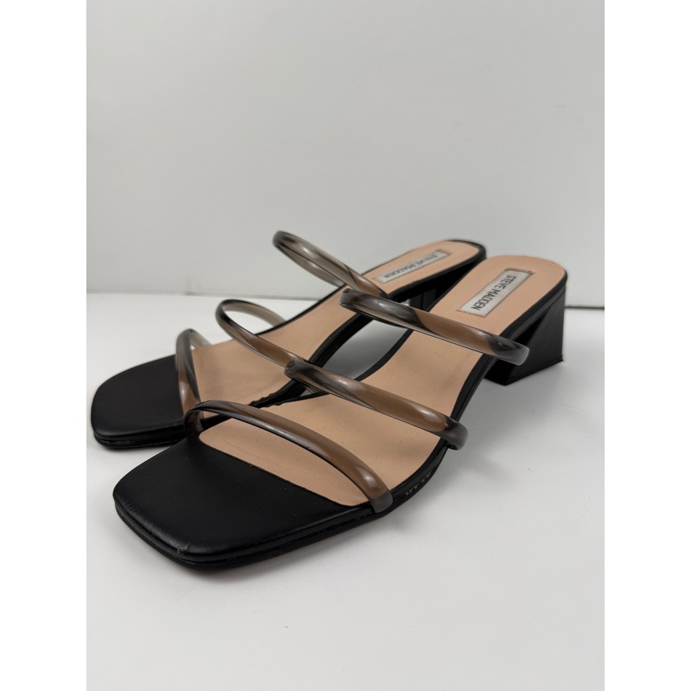 Steve Madden Hanya Black Block Heel Sandals Square Toe Smoky Straps Size 9